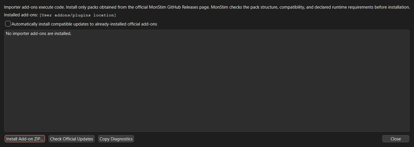 The MonStim Add-on Manager shows installed importers, local installation, official-update checks, diagnostics, and the user plugin location.
