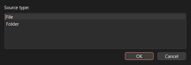 The add-on import workflow starts by selecting whether the source is a file or folder. MonStim then checks enabled compatible importers and asks for a choice only when recognition is ambiguous.