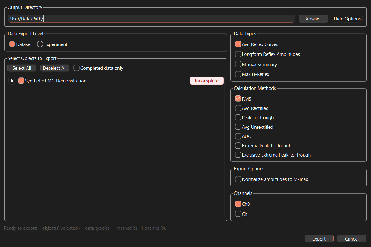 The Bulk Data Export dialog shows a selected synthetic experiment, output directory, data type, calculation method, channel, and the readiness summary required before Export is enabled.