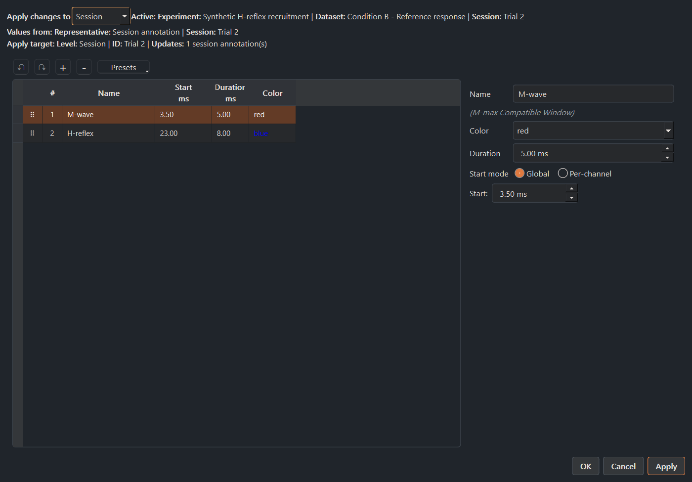 Latency-window editor demo in MonStim Analyzer.