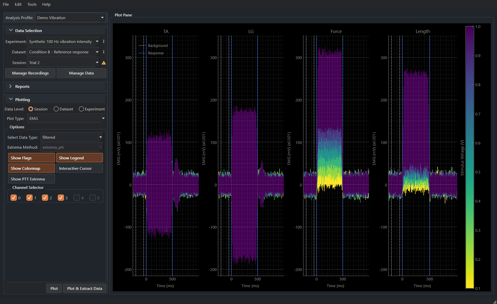 Synthetic EMG emulating 100 Hz vibration of the LG muscle. LG and TA EMG traces are shown.