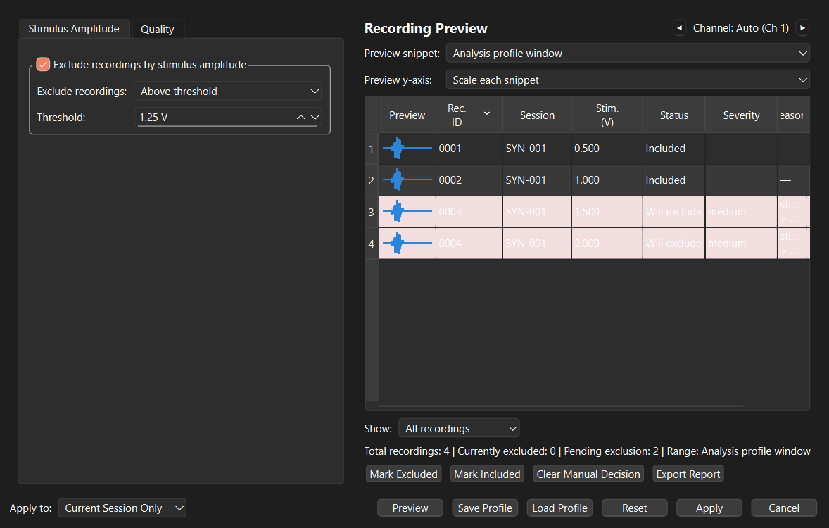 The Recording Exclusion Editor preview uses synthetic recordings to show a stimulus-amplitude threshold, waveform snippets, pending exclusion status, and review controls before Apply.