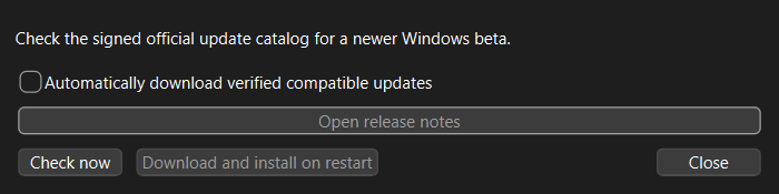 The MonStim Update Manager lets users check the signed official catalog, opt in to verified automatic downloads, view release notes, and approve installation on restart.